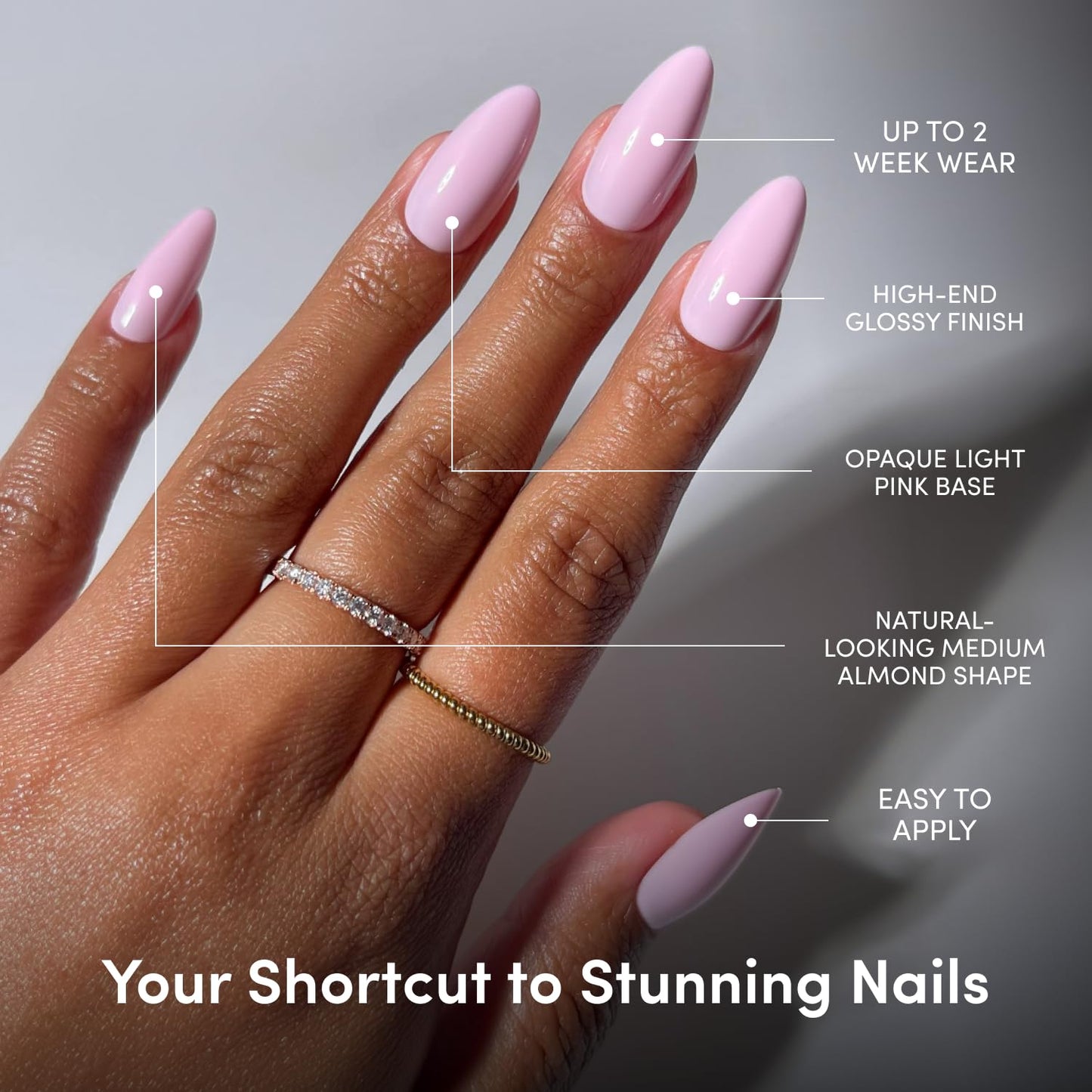 Glamnetic Press On Nails - Medium Almond Fake Nails | Glossy Light Pink Press On Nails, Salon Quality Kit with Glue | Iconic Pink - 30 Nail Set in 15 Sizes