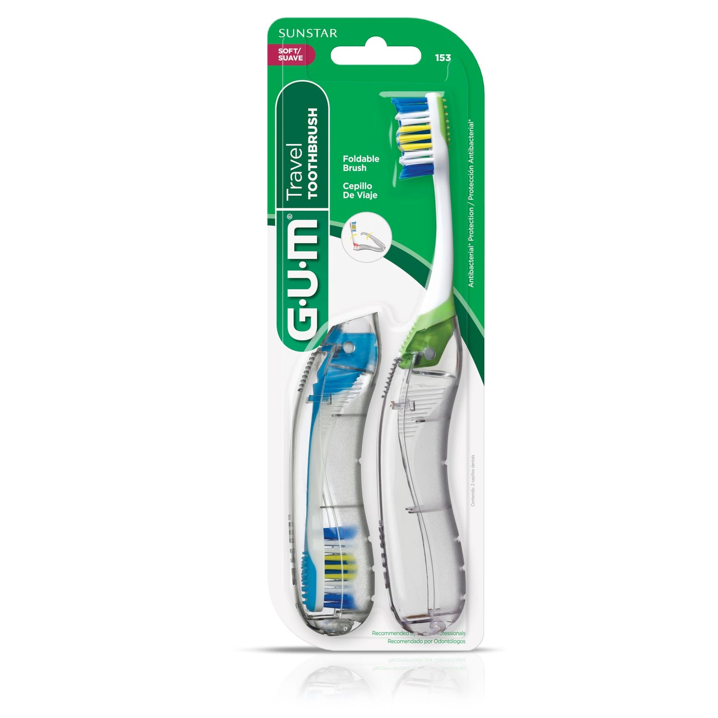 GUM Folding Travel Toothbrush for Adults, Soft-Bristled Compact Toothbrush with Tongue Scraper, 2 Count