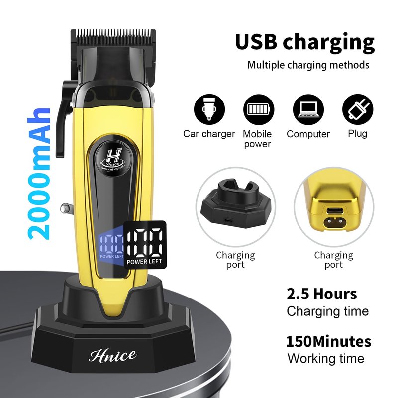 Hnice Professional Hair Clippers for Men 11500 RPM Barber Clippers Cordless with LED Display, 2000mAh Battery 150 Mins Runtime, DLC Blade, Charging Base & 8 Guide Combs Haircut Kit,HN-280