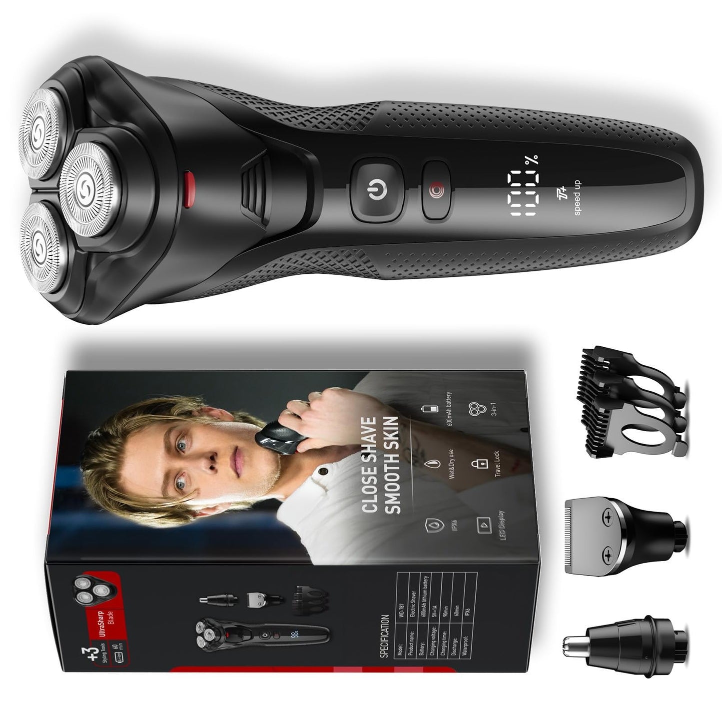rategist Cordless Men's Electric Razor, 3-in-1 Waterproof Shaver for Beard, Nose, and Sideburns with Turbo Speed Motor - Ceramic Black