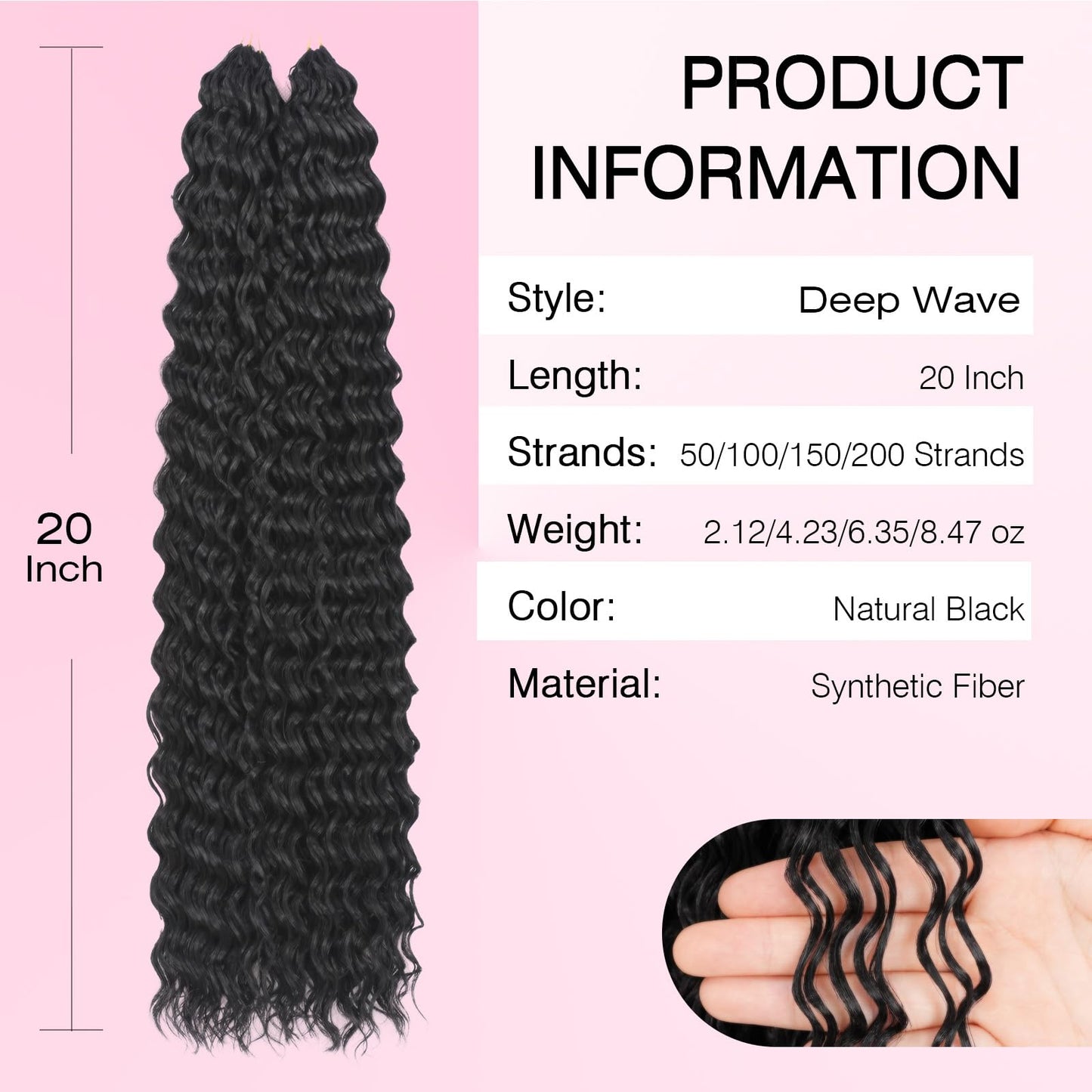 Miracle Knots Feather Crochet Hair (Deep Wave) - 20" Hand-Tied Synthetic Extensions, 50 Strands Soft Cotton Core Glue-Free Knotless Hair Pieces (Natural Black)