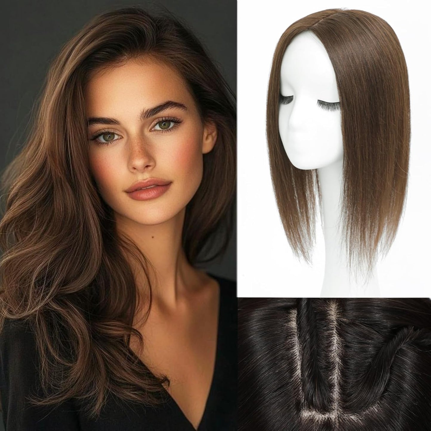 Hair Toppers for Women - Real Human Hair 14 Inch Clip-In Scalp Topper with Curtain Bangs | Medium Brown