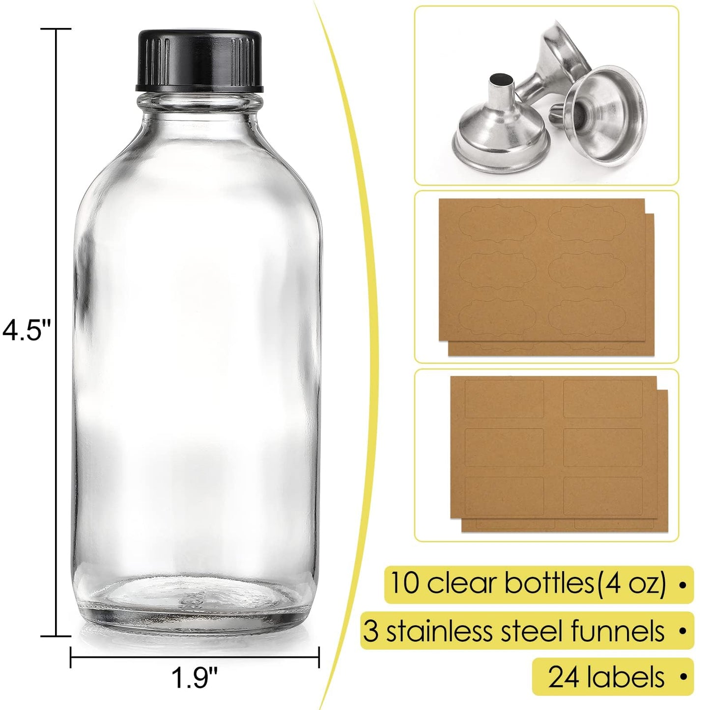 10 Pack, 4 oz Small Clear Glass Bottles w/Lids & 3 Stainless Steel Funnel - 120ml Boston Round Sample Bottle for Potion, Juice, Ginger Shot, Wellness, Oils, Whiskey, Liquids - Leakproof Travel Bottle