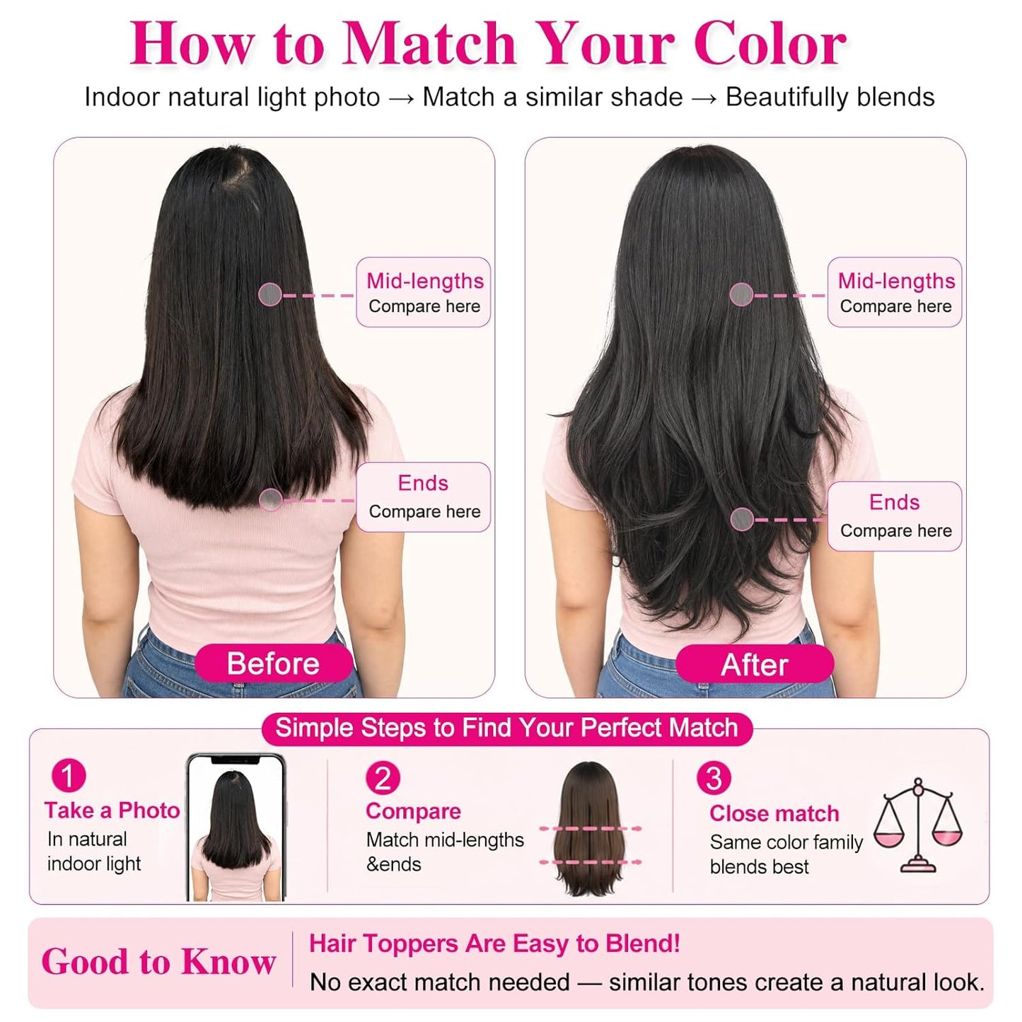 Hair Toppers for Women - 26-Inch 3D 360° Coverage Black Brown Long Straight Clip-In Synthetic Hair with Bangs