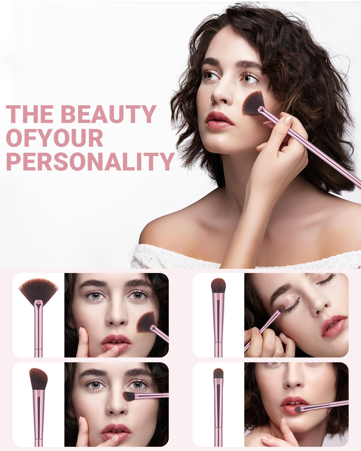 Makeup Brushes Set - 8Pcs Professional Eyeshadow & Eyebrow Brushes with 3 Powder Puffs | Pink Case