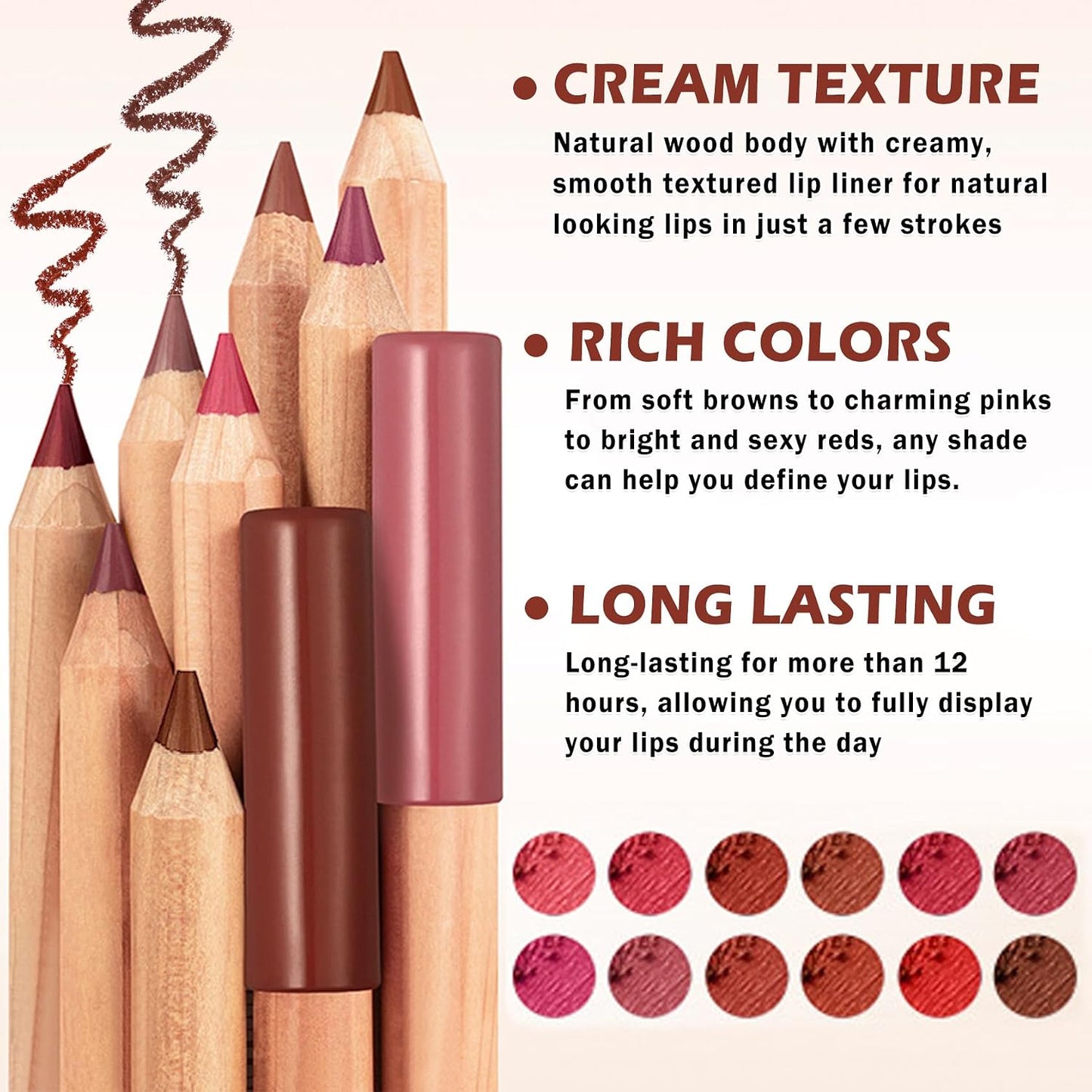 Lip Liner Set - 12PCS High Pigmented Smooth Lip Pencils | Long Lasting Matte in Brown, Pink, Red