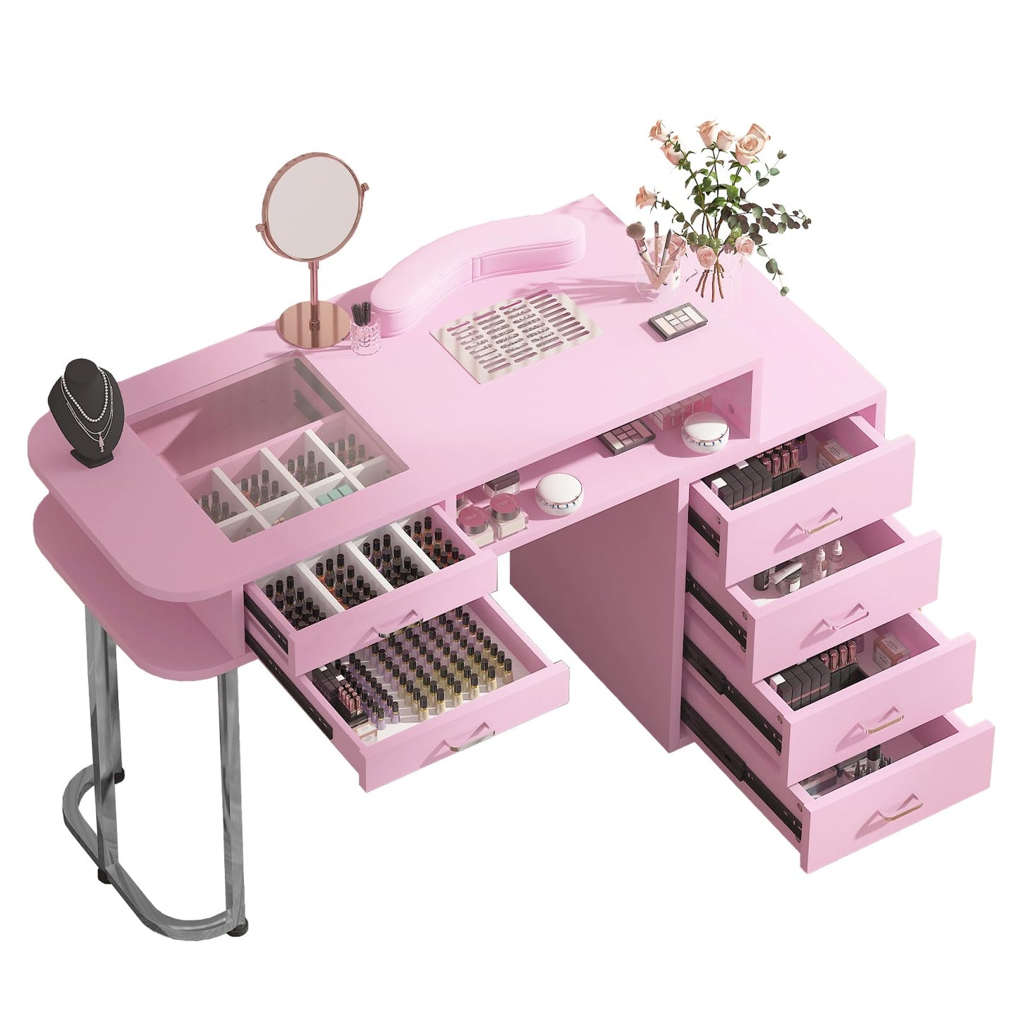 TABU Professional Manicure Table, Large Nail Table for Nail Tech with Pull-Out Drawers& Opening Storage Cabinets, Nail Workstation with Dust Collector, Wrist Cushion, Pink