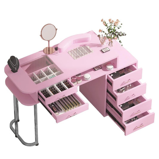 TABU Professional Manicure Table, Large Nail Table for Nail Tech with Pull-Out Drawers& Opening Storage Cabinets, Nail Workstation with Dust Collector, Wrist Cushion, Pink