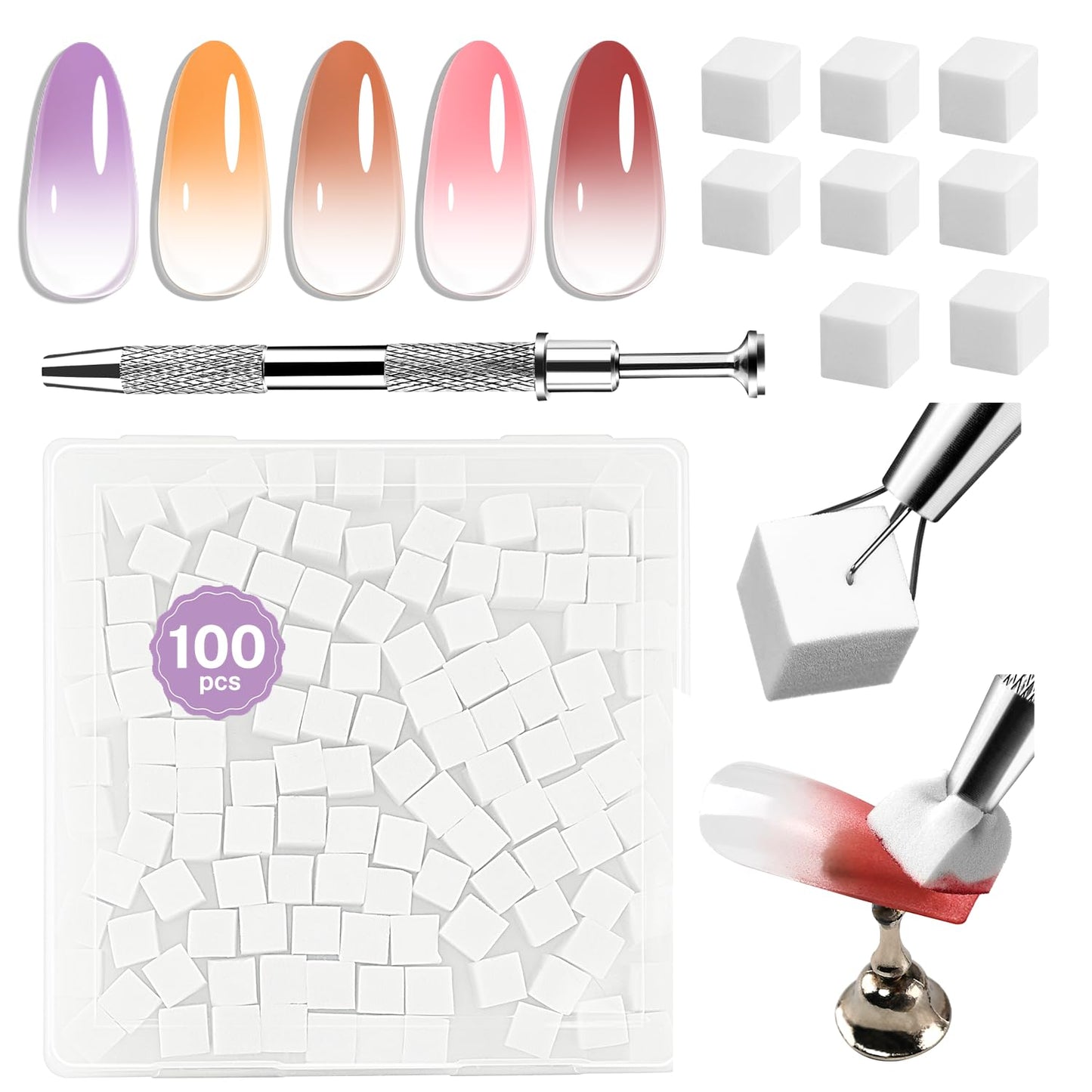 JODSONE 100PCS Soft Nail Sponges for Ombre with 1 Stainless Grabbing Pen Professional Gradient Nail Sponge Tool Nail Art Gradient Designs Blush Nail Art