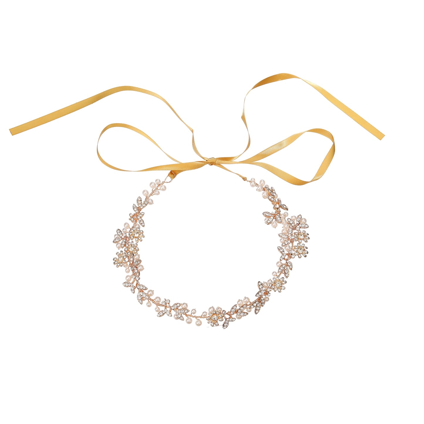 Gold Leaves & 9-Petal Crystal Flowers Pearls Bridal Hair Vine, 12.7" Handmade Wedding Headpiece, Flexible Bridal Headband with 19.5" Satin Ribbon for Bride Bridesmaid Prom Pageant Formal Events