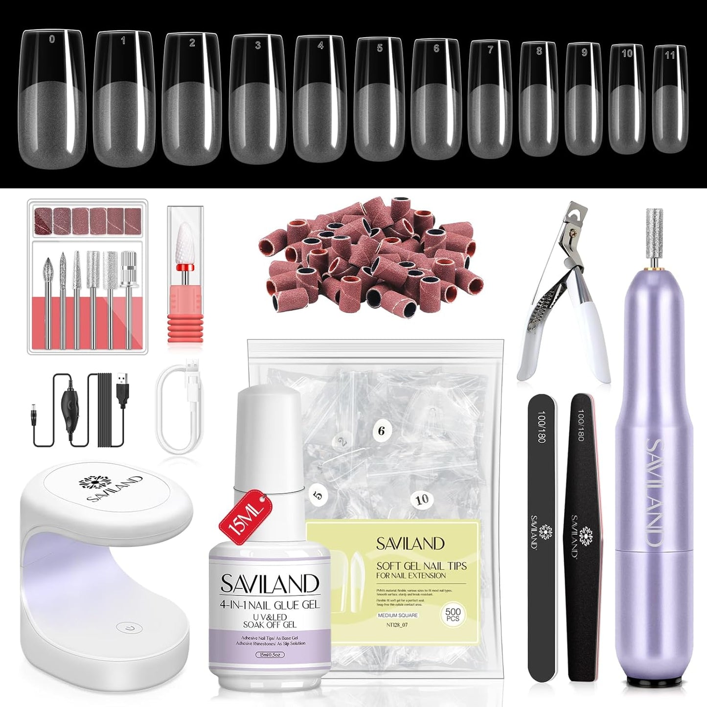 Acrylic Nail Kit with Drill & UV Light - Clear, Pink, Black & Red Powder & Gel Polish for DIY Nail Art