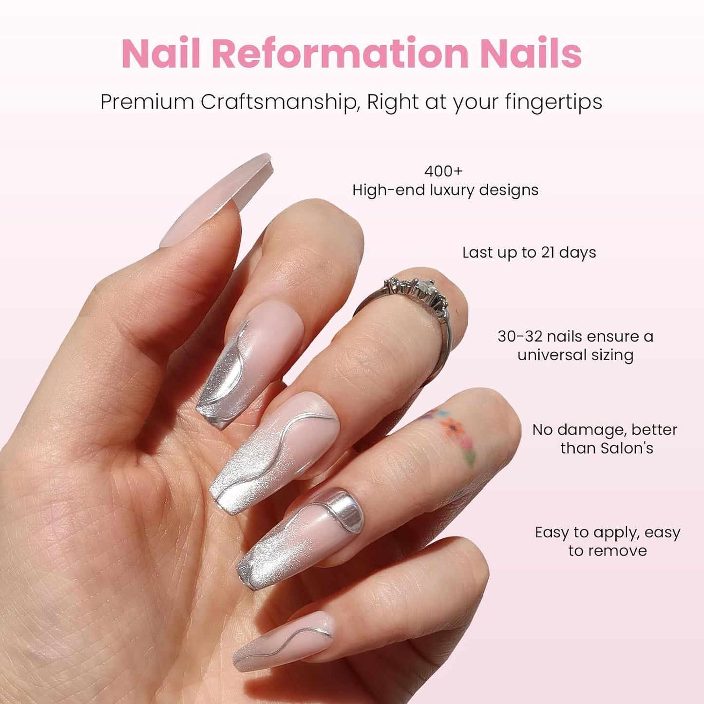 Nail Reformation Press On Nails - Pink Long Coffin 3D Metallic Glitter | 30 Reusable Stick-On Nails in 15 Sizes