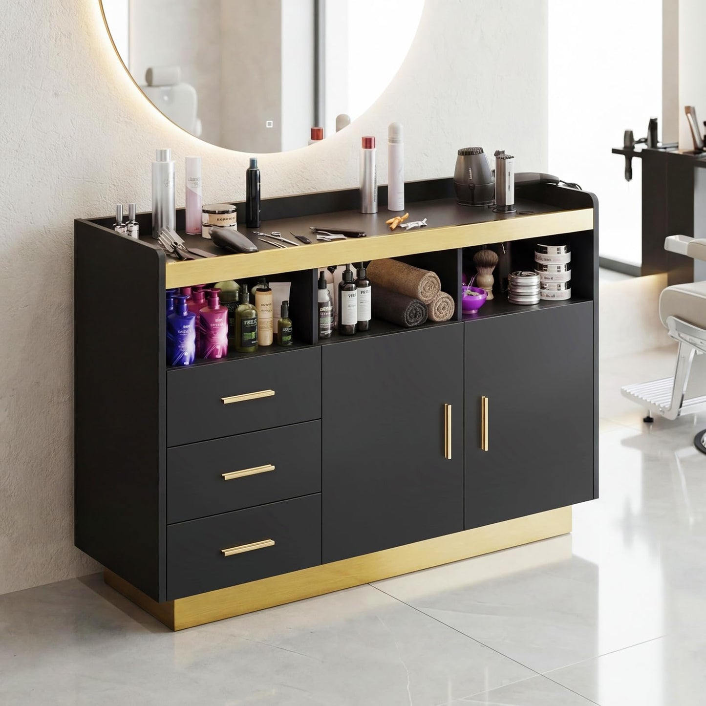 Oakvera Salon Station for Hair Styling, Professional Barber Storage Cabinet with 3 Drawers, 3 Hot Tool Holders and 3 Open Shelves, Freestanding Beauty Salon Spa Storage Furniture