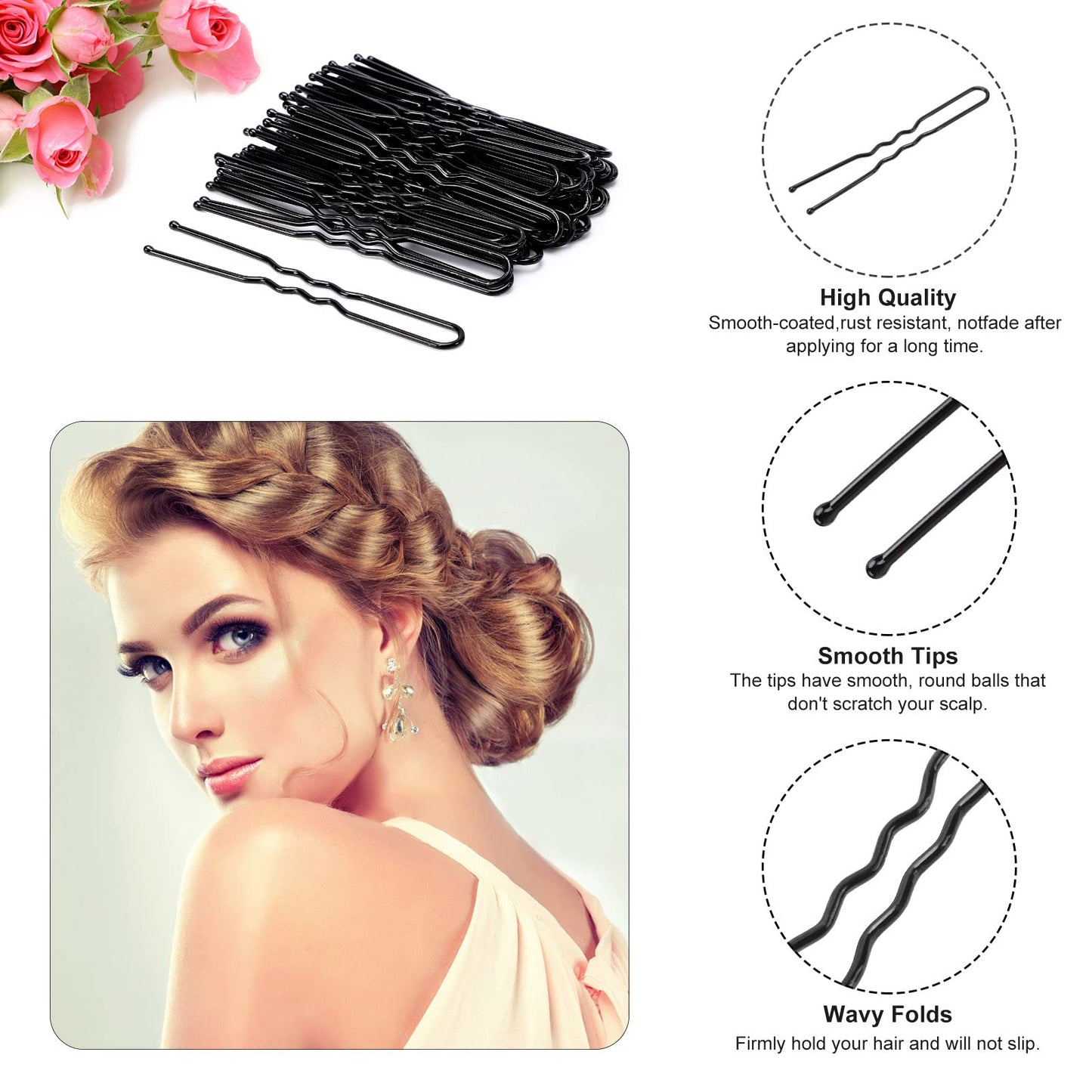 Cehony U-shaped Hair Pins, 200 Count for Women Lady Girls Bobby Pins French Historical Hair Pin Hair Styling Pins Hair Accessories (Black, 2.4 Inch)
