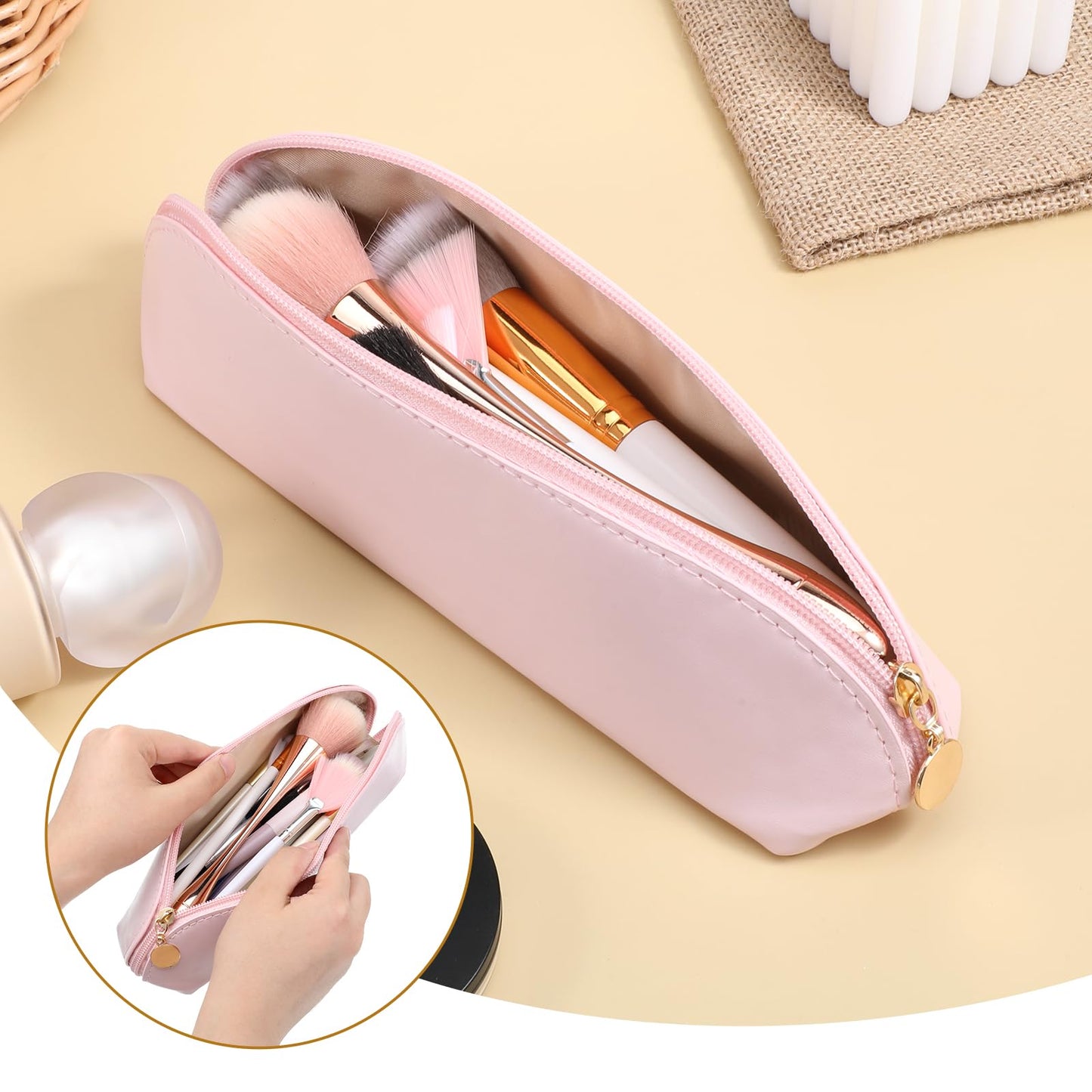 Prasacco Leather Makeup Brush Bag With Zipper, Portable Travel Cosmetic Organizer Case, Compact Toiletry Pouch For Daily Work Essentials