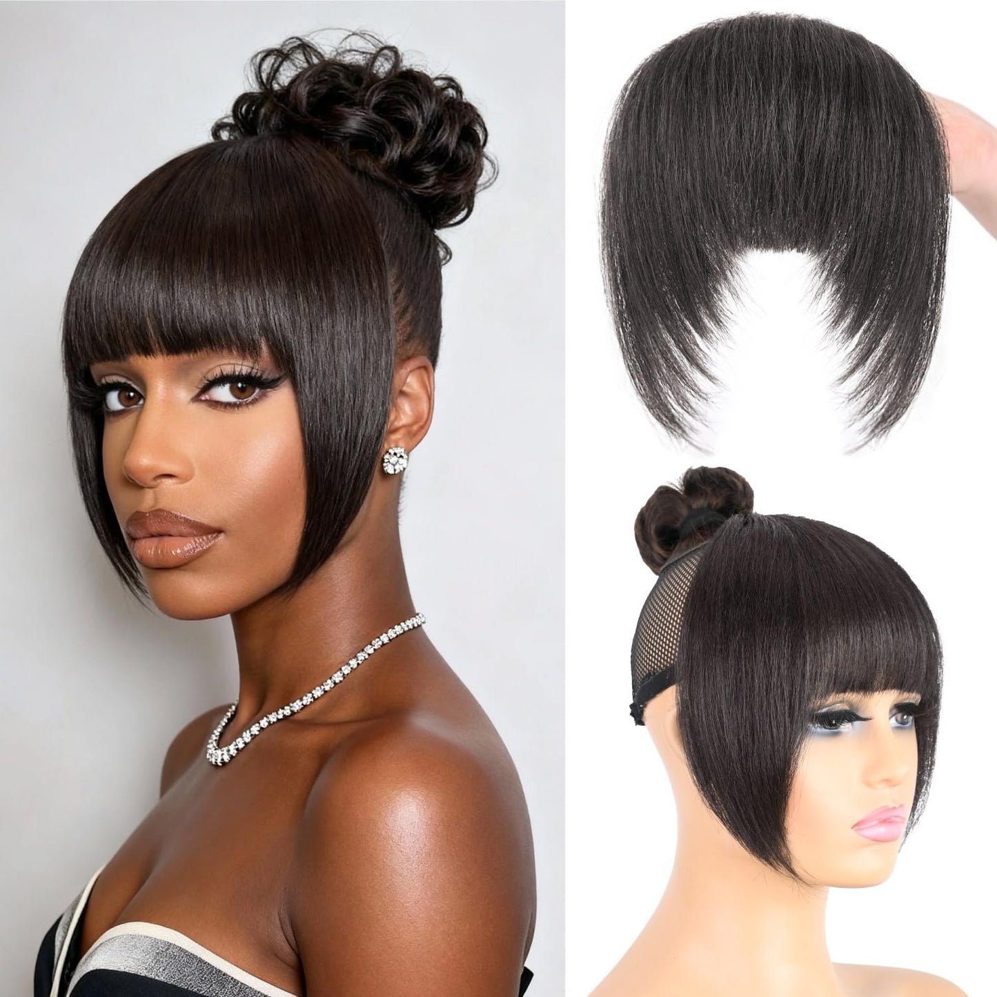 Yaki Straight Clip-In Bangs for Black Women - Natural-Looking Synthetic Hair Fringe | 3 Secure Clips, Kinky Straight, Natural Black