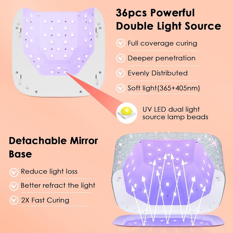 HUITINE UV LED Nail Lamp - Cordless 80W Rechargeable Gel Light Dryer with 5 Timers & Mirror Base | Sparkling Rhinestones Design