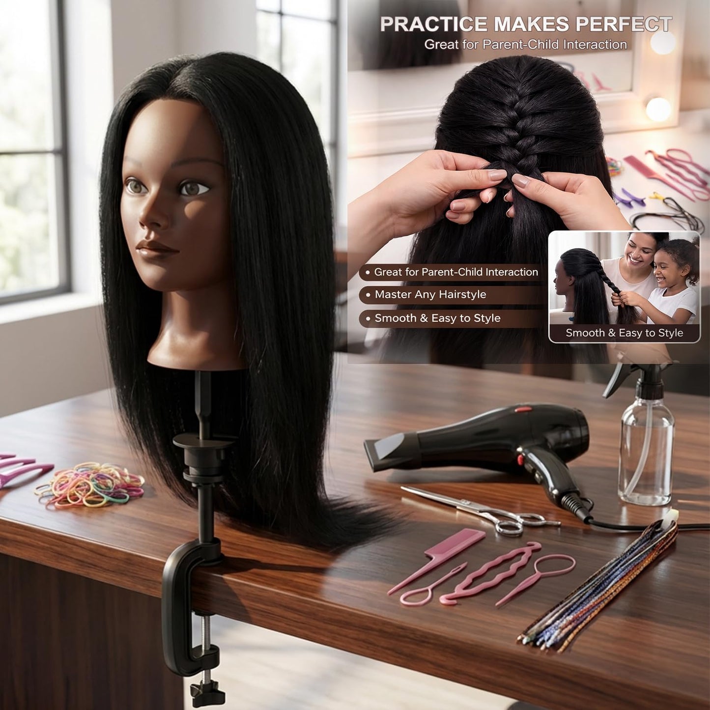Mannequin Head Human Hair 16 Inch, 100% Real Human Hair Cosmetology Mannequin Head with Clamp Stand, Professional Hair Manikin Doll Head for Braiding, Styling & Hairdresser Training (Black-16inch)