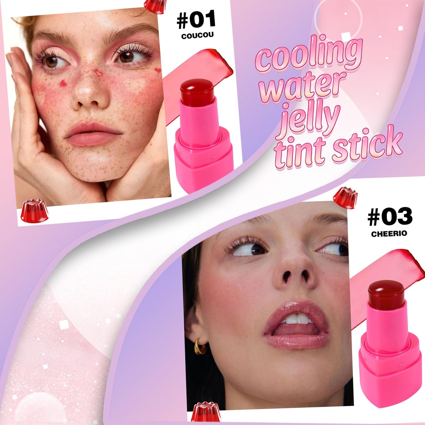 KALYFADIO 2PCS Jelly Blush Stick for Cheeks,Cooling Water Jelly Tint Stick,Moisturizing Lightweight Lip and Cheek Tint,Long-lasting,Cruelty-free,Sheer & Buildable Lip Stain + Blush（01+03）