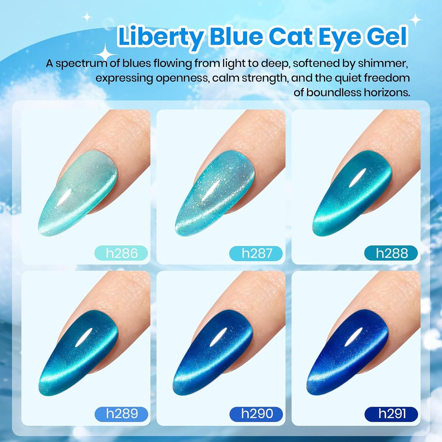 Beetles Cat Eye Gel Nail Polish Set - 6 Summer Glitter Colors | Mint Green, Icy Blue, Teal, Sapphire, Navy, 3D Shimmer Effect