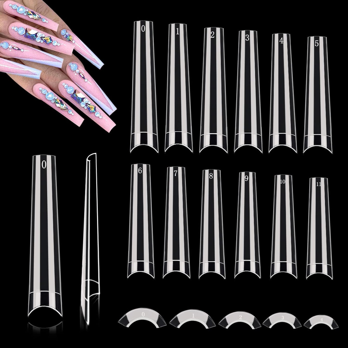 Coffin Nail Tips - 600PCS No C Curve Acrylic Nail Tips | XXXL Clear, 12 Sizes for Salons & DIY