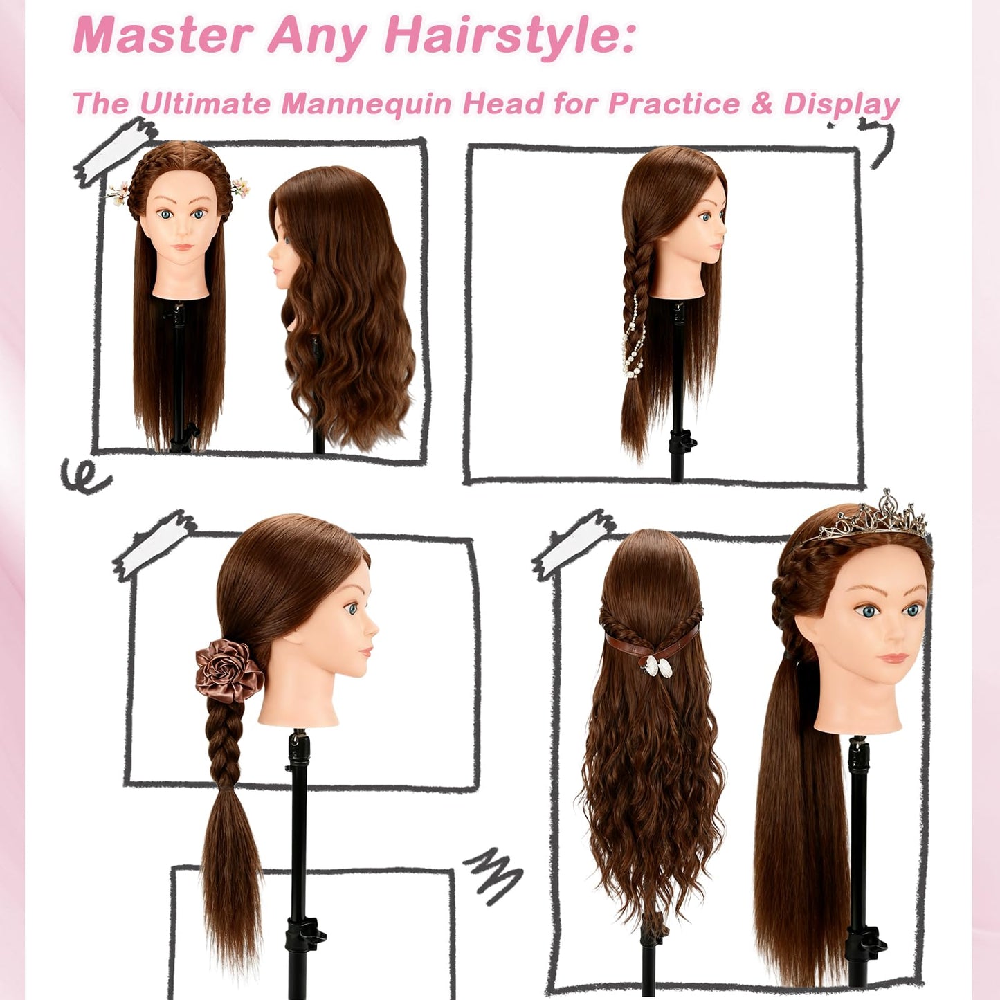 Beauty Star Mannequin Head with 100% Real Human Hair -18inch Doll Styling Head for Braiding Practice & Cosmetology Training, Updos, Manikin Head Includes Clamp Stand（Dark Brown Hair and Blue Eyes)