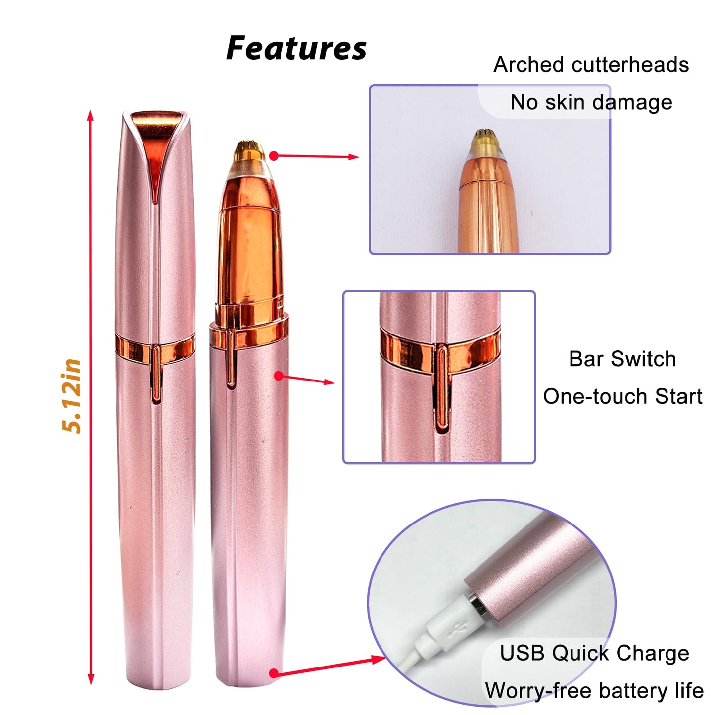 LiXiongBao 2 Pack USB Rechargeable Portable Electric Eyebrow Trimmer Pen for Women,Painless Precision Eyebrow Hair Remover, Safe Eyebrow Shaver Razor Tool for face Leg Lip Armpit Hand(Rose Gold)