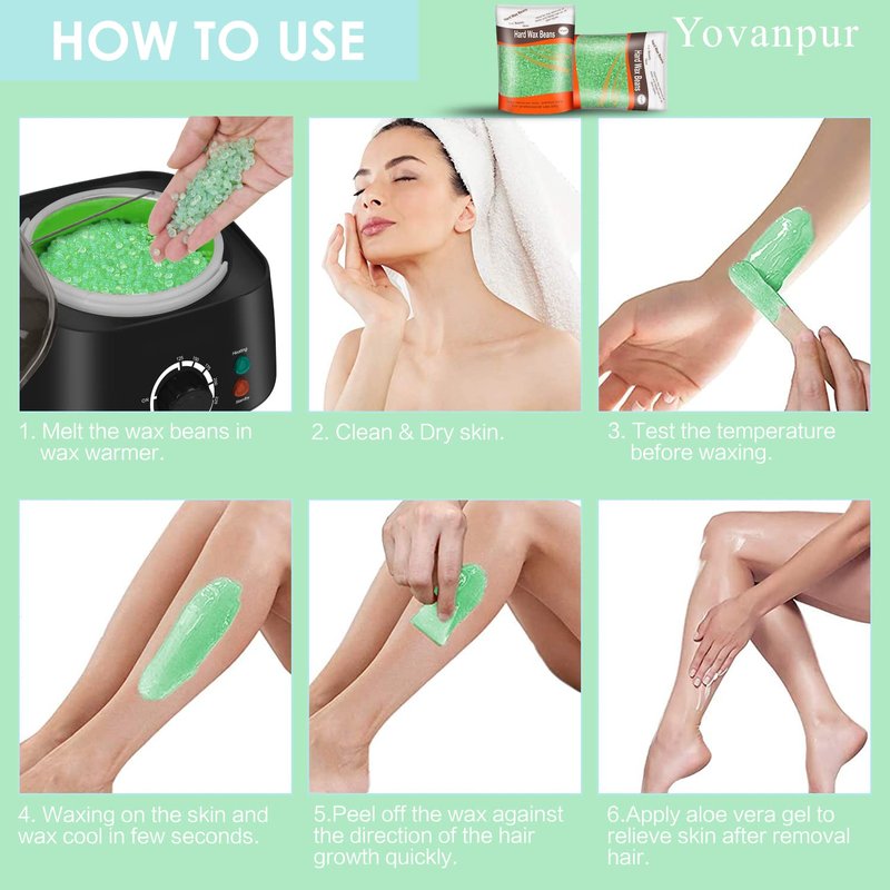 Yovanpur Hard Wax Beads for Brazilian Waxing, At Home Pearl Wax for Bikini, Face, Eyebrow, Legs - 300g (10 Oz) with 10 Wax Spatulas (Light Green-Aloe)