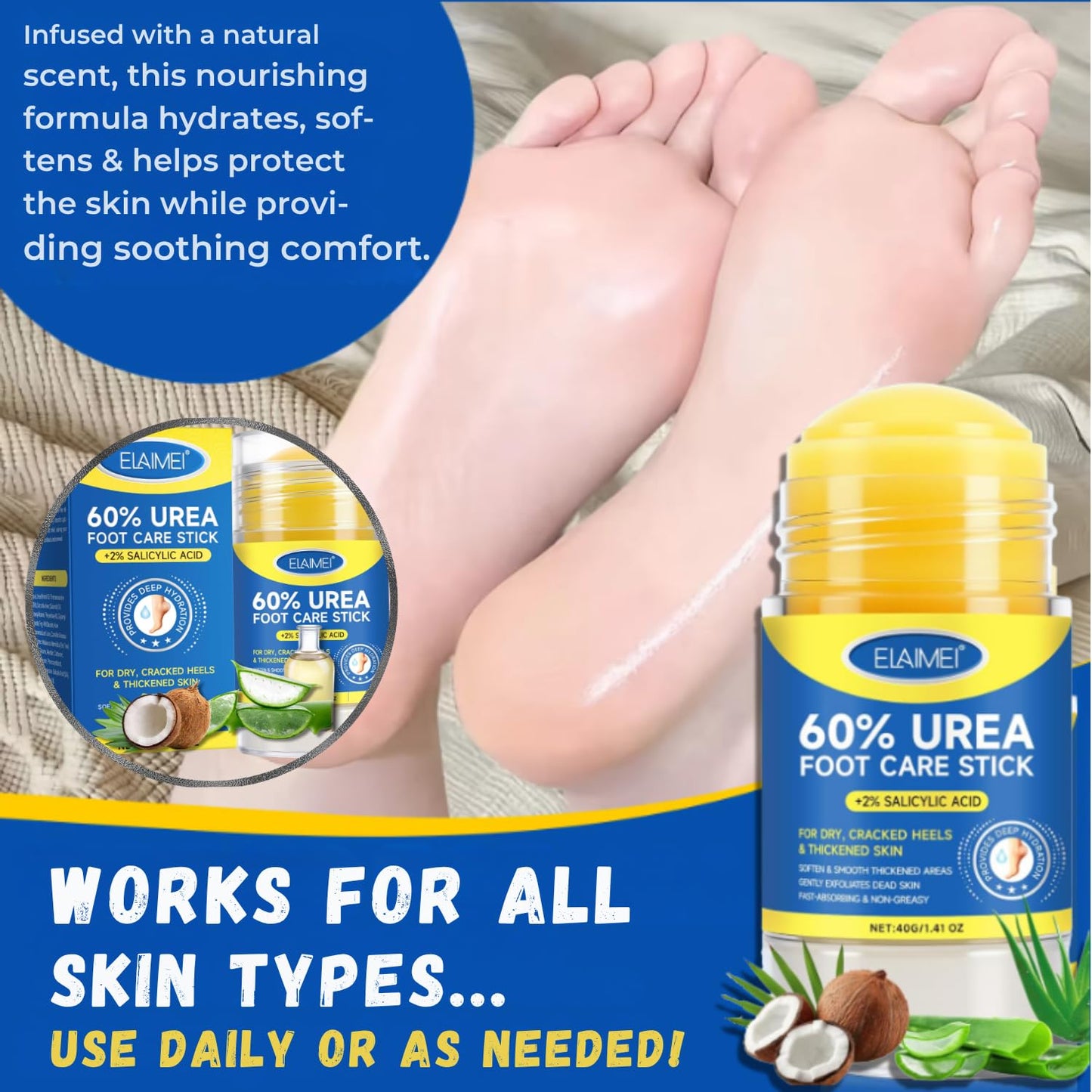 60% Urea Cream Stick with 2% Salicylic Acid, Maximum Strength Urea Foot Cream for Dry Cracked Heels & Feet, Callus Remover, Heel Balm, Fast Absorbing Moisturizer for Rough Hands, Knees & Elbows 1.41oz