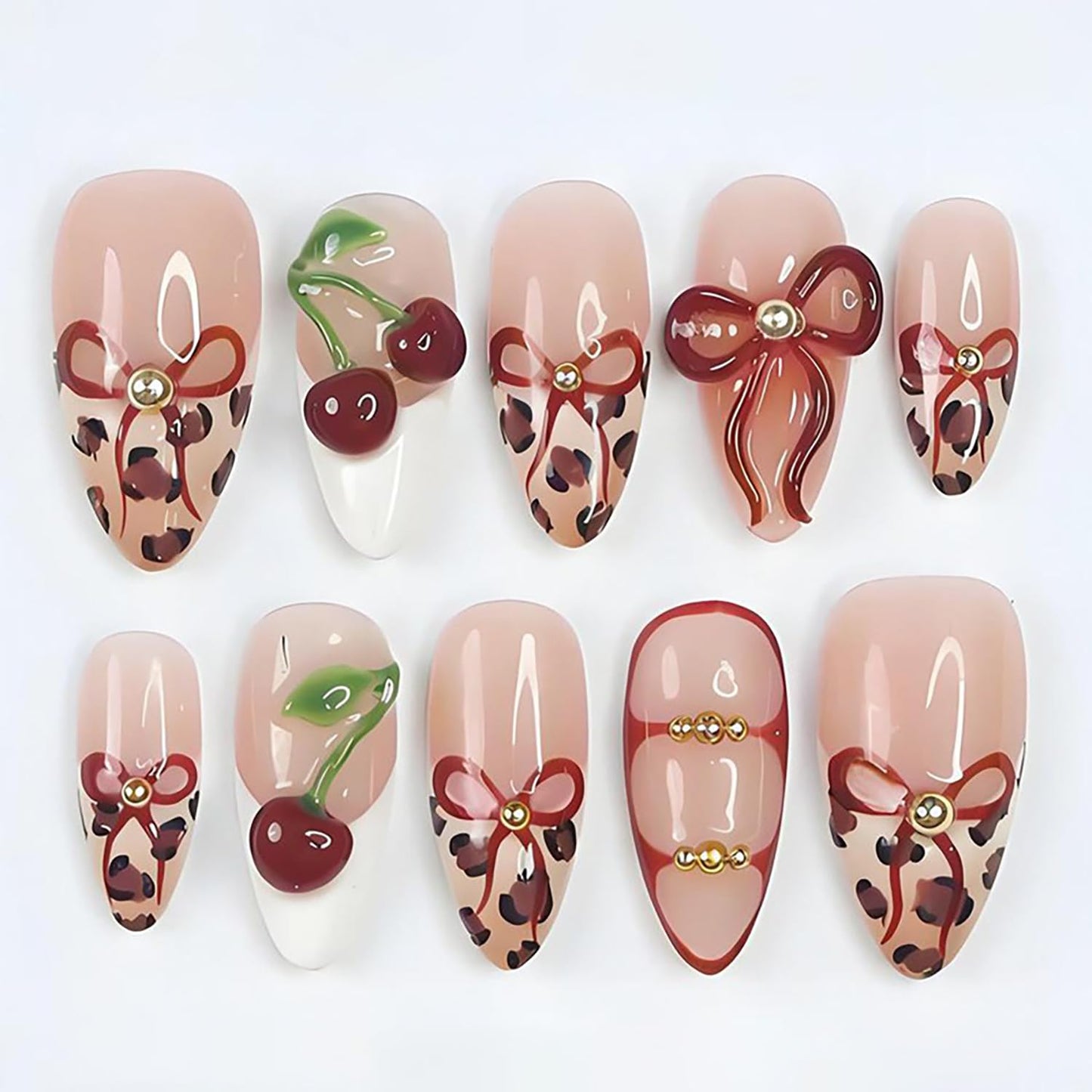 3D Cherry Bow Press-On Nails - Leopard Print French Tip Glossy Long Almond Acrylic | Reusable Artificial Stick-On Nails for Women