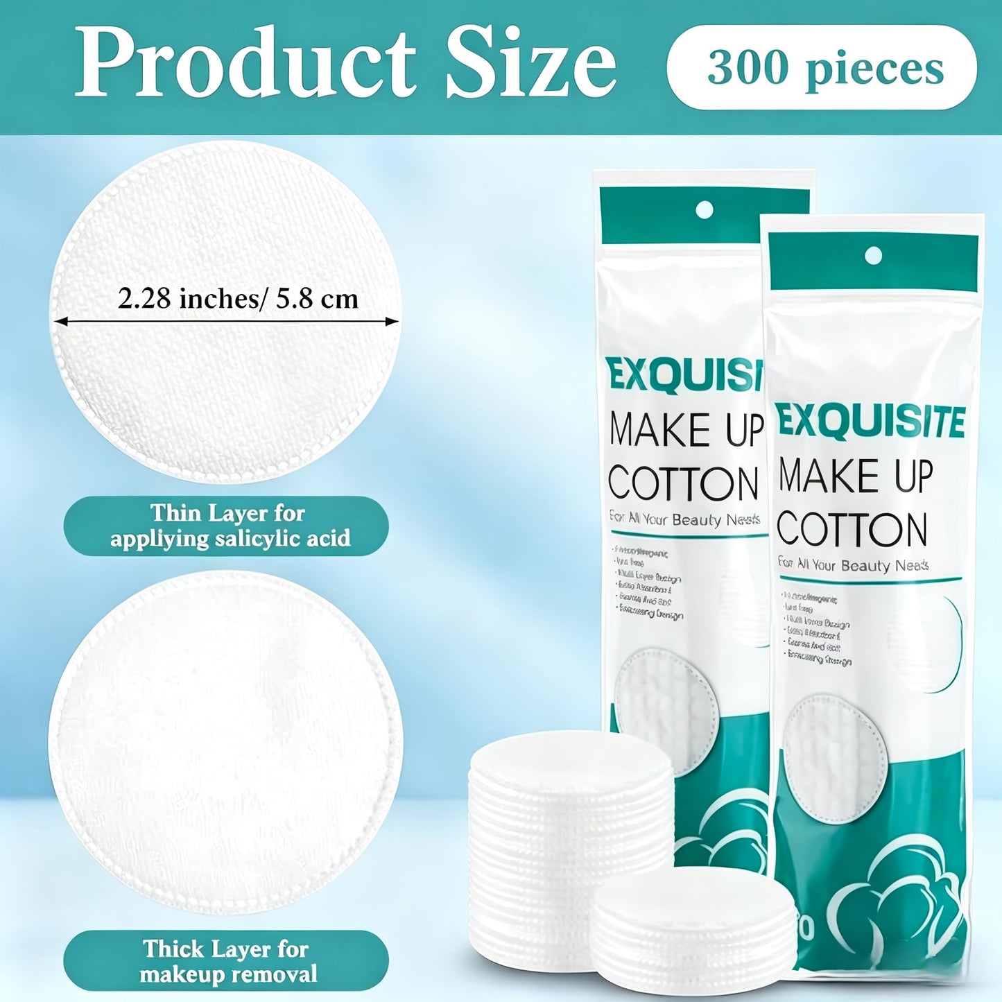 300 Count Round Cotton Pads for Face,Makeup Remover Pads, Natural Facial Cleansing Round Pads,Hypoallergenic, Lint-Free