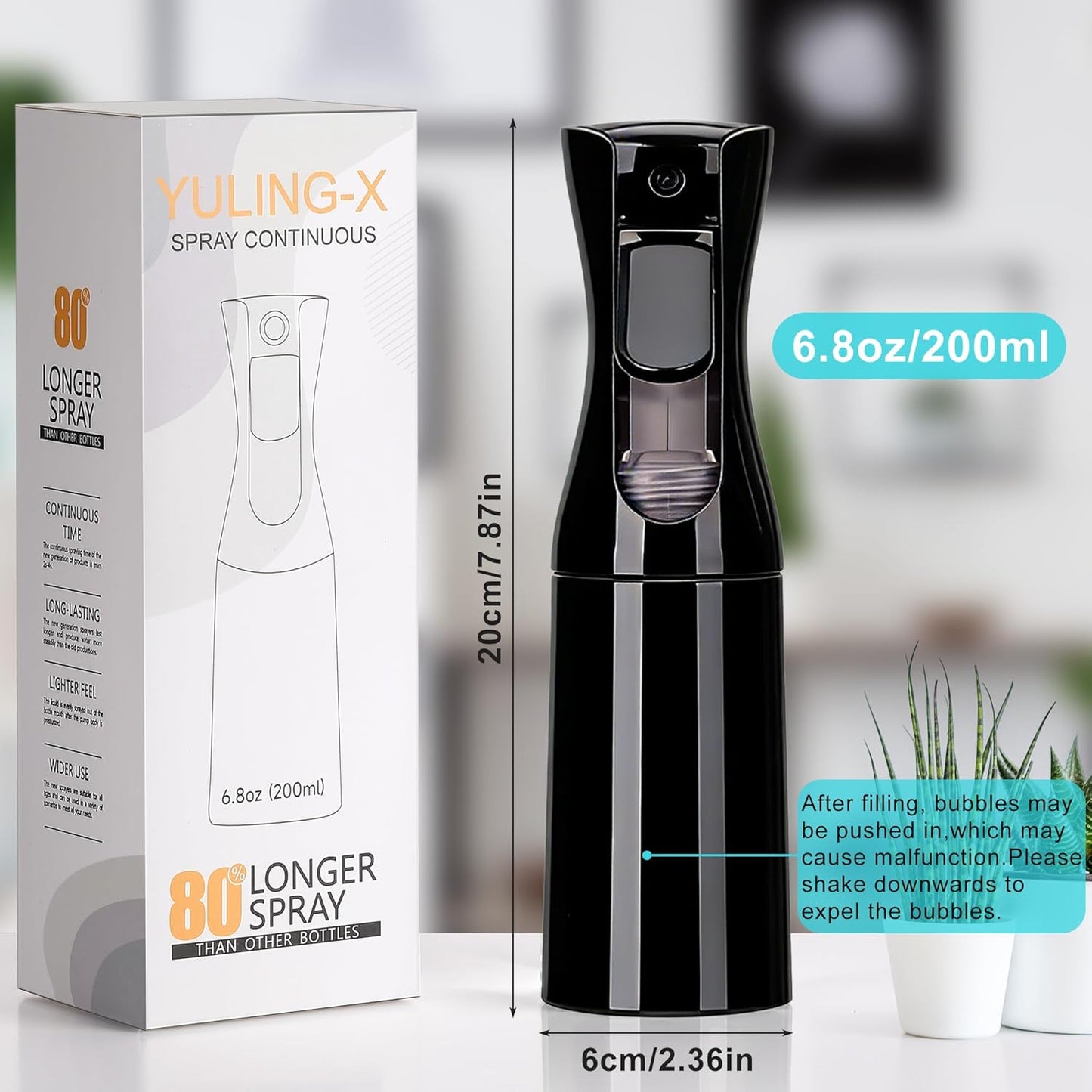 Continuous Spray Bottles for Hair | 200ml Reusable Black Bottles for Hair Care, Plants & Cleaning (2-Pack)