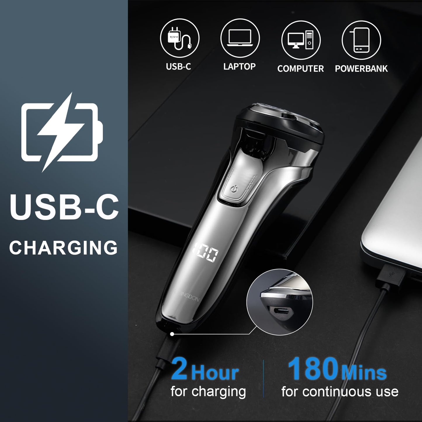 Electric Razor for Men with Pop-Up Trimmer, Rechargeable Cordless Electric Shaver, IPX6 Waterproof Wet Dry, USB-C Fast Charging