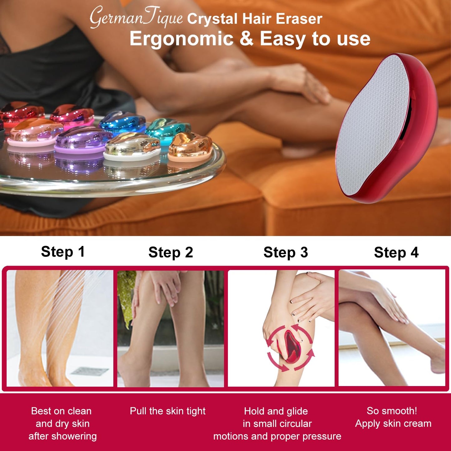 Germantique Crystal Hair Eraser,Natural Crystal Hair Remover,Reusable Painless Nano Glass Hair Removal Device Without Shaver,Gentle Crystal Epilator and Exfoliator for Soft Silky Skin(Red)