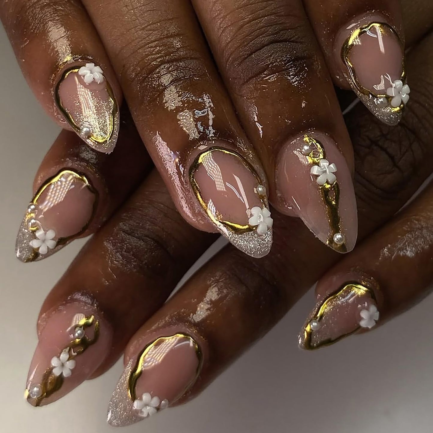 Leopard Print Press-On Nails - 30 Pcs Medium Almond Acrylic with Heart Pearl Bow & Rhinestones | Romantic Valentine’s French Tip Design