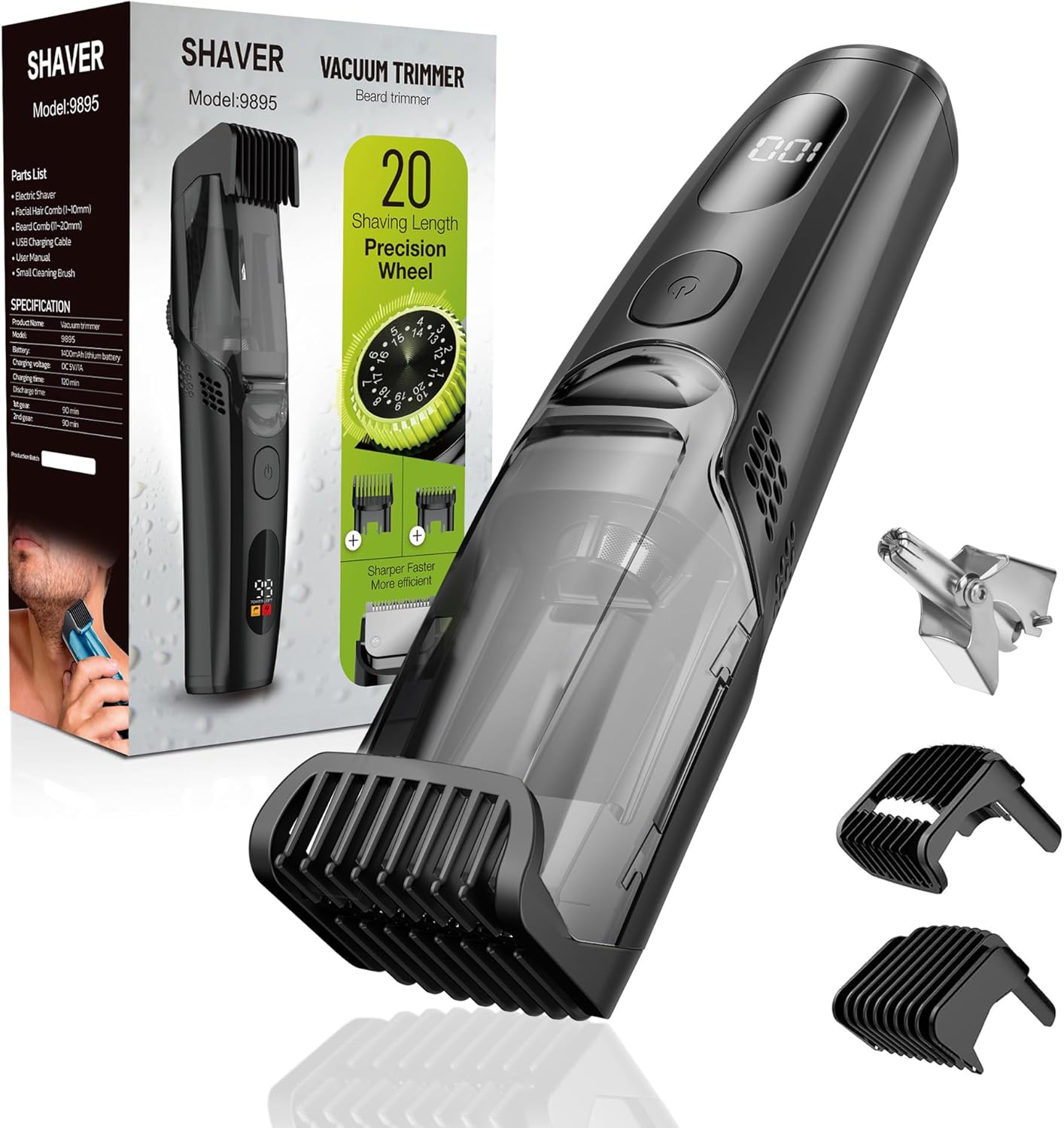 Rechargeable Vacuum Beard Trimmer for Men - Cordless Electric Trimmer with Adjustable Length Comb (1-20mm) | Glossy Black