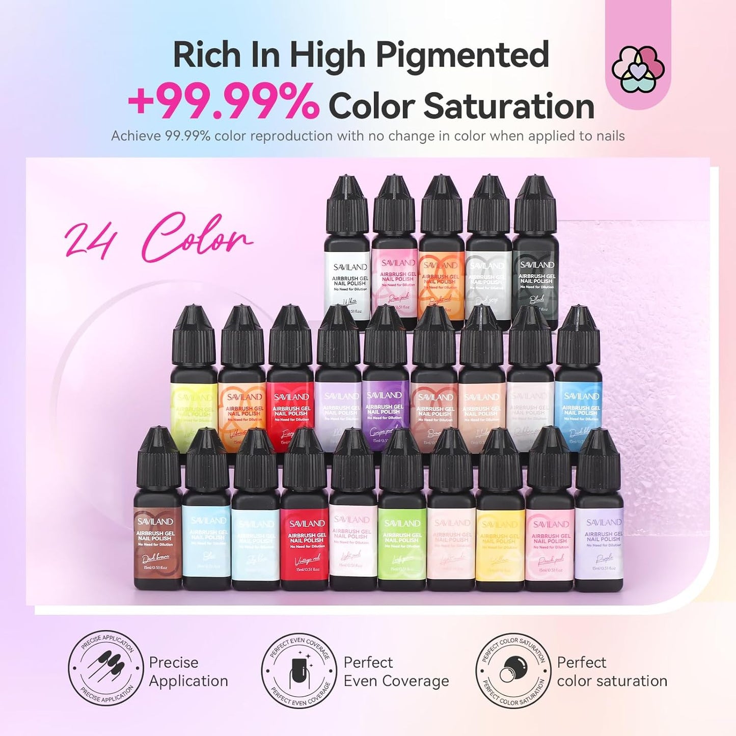 SAVILAND Airbrush Gel Nail Polish - 24 Colors, Dilution-Free Formula for Gradient Nail Art | Non-Acetone, High Color Saturation