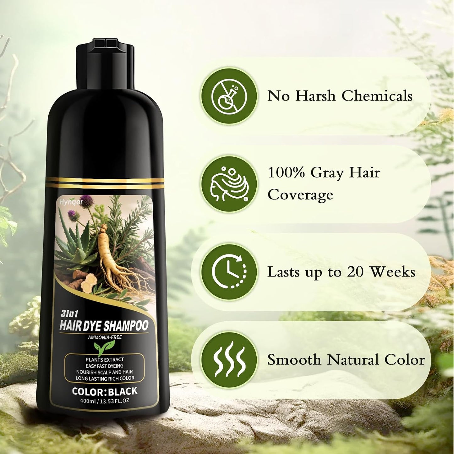 Black Hair Dye Shampoo - 100% Gray Coverage | Natural Herbal Formula for Men & Women