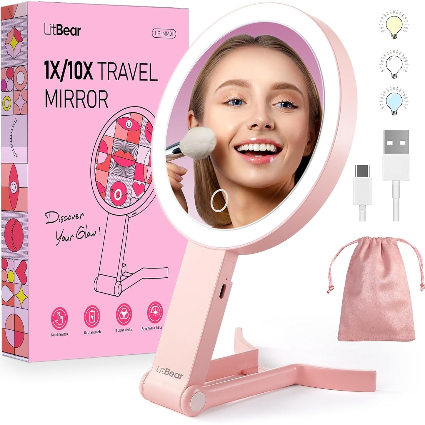 Travel Makeup Mirror with Lights - Rechargeable Double-Sided 10X/1X Magnifying | Portable Dimmable Touch Screen (Pink)