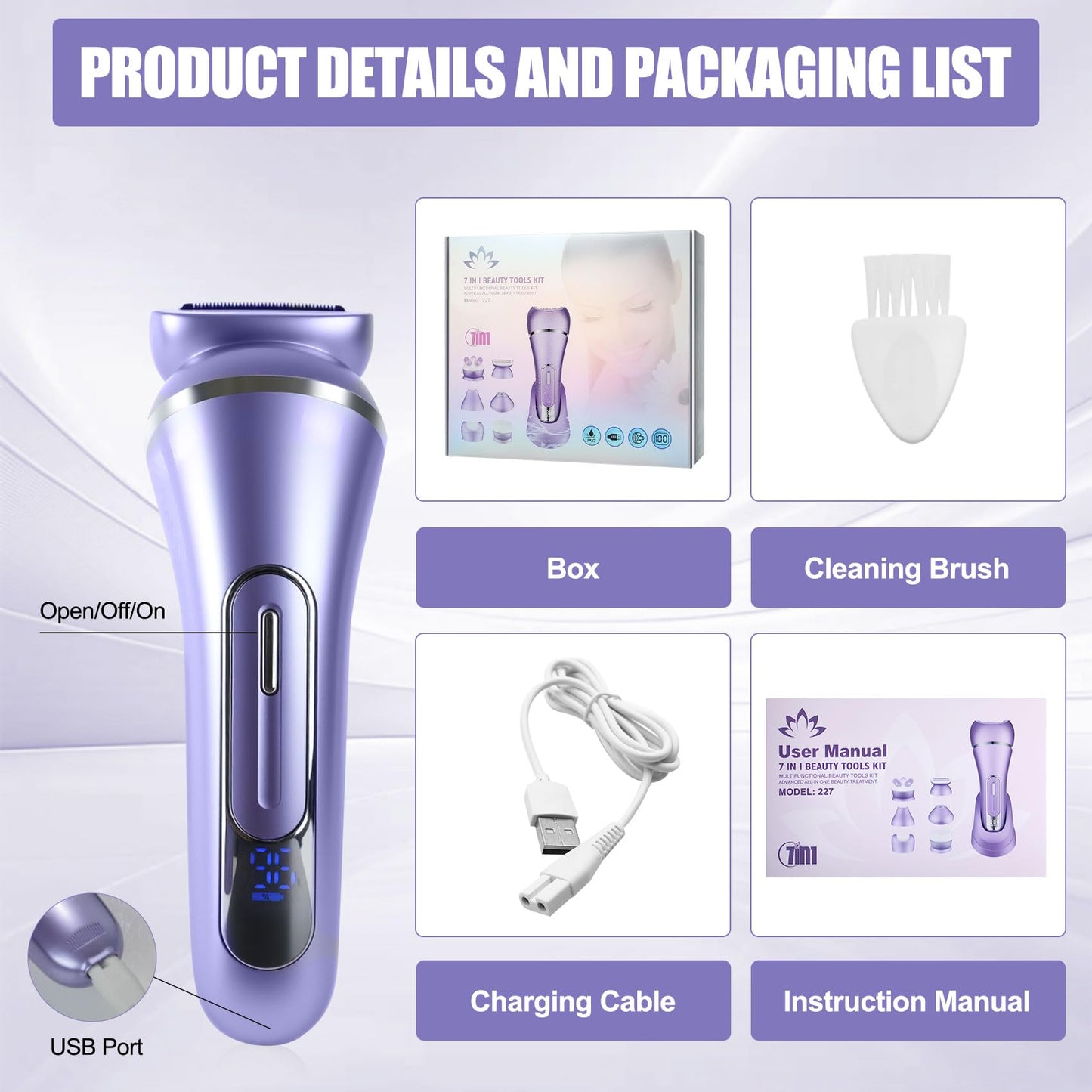 7-in-1 Rechargeable epilator for Women with LED Battery Display-Glamorous Skin Hair Remover-glabous Skin Facial Hair Remove-Smooth Glide for Face and Body, Bikini, Arms and Legs-Valentines Day Gift