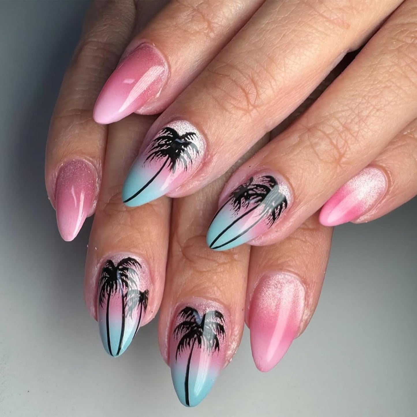 Press On Nails - Medium Almond Gradient Green Ocean | Glossy Acrylic Turtle Design - 24 Reusable Stick-On Nails