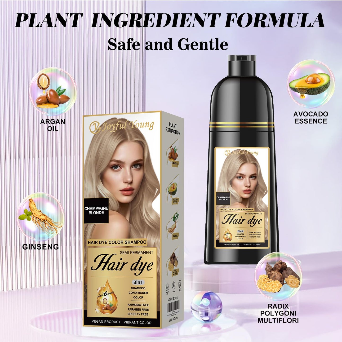 Natural Hair Dye Shampoo & Conditioner Bundle - 3-in-1 Gray Coverage & Deep Moisture | Vegan, Sulfate-Free, 2x400ml (Champagne Blonde)