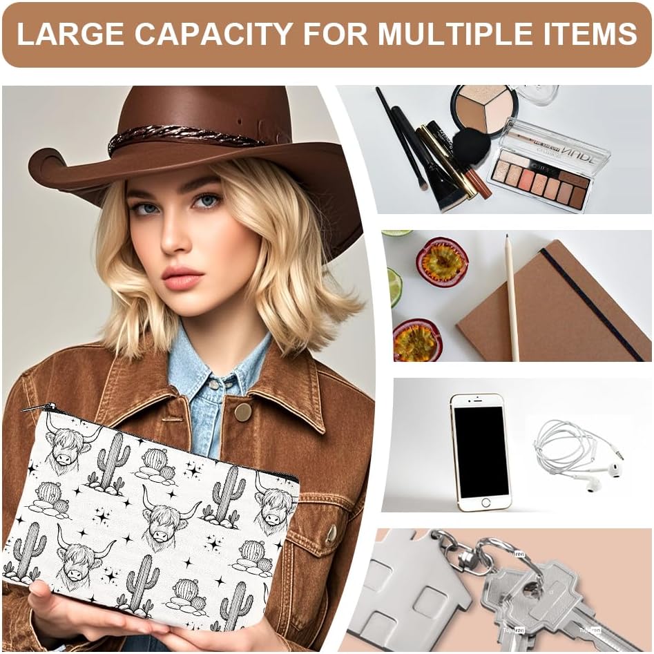Canvas Western Cowboy Makeup Bag Set - 4Pcs Cactus Cow Design | Portable Travel Organizer, Large Capacity Toiletry Pouches 9.06” x 5.9”