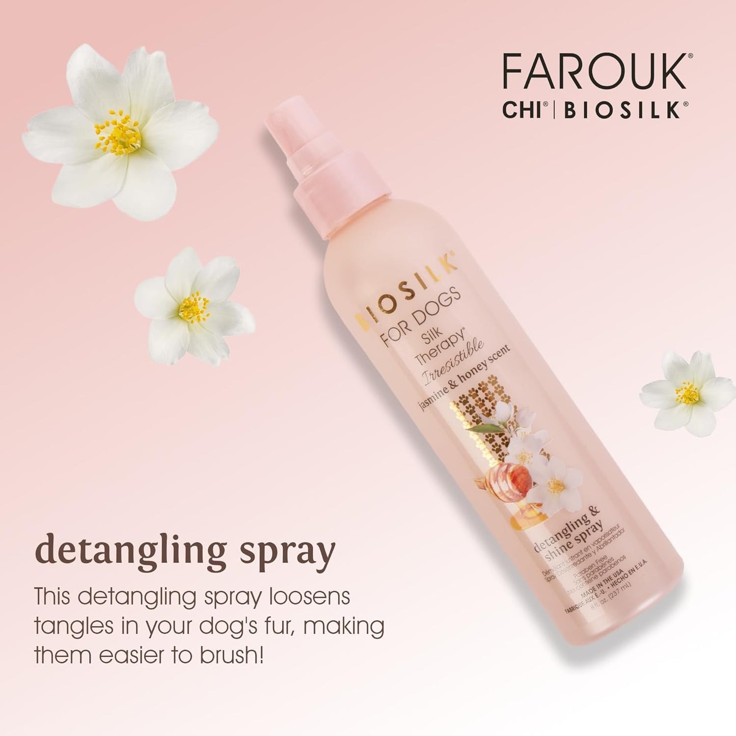 BioSilk for Dogs Silk Therapy Detangling Spray - Jasmine & Honey Scent | 8 fl oz, Paraben-Free, pH Balanced
