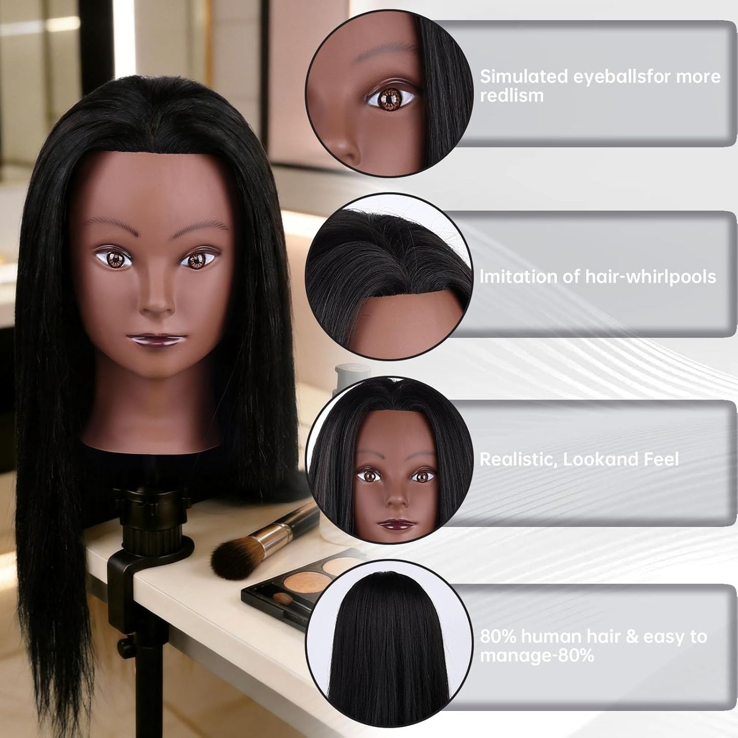 26'' Black Human Hair Mannequin Head for Cosmetology | Styling Doll with Clamp Holder & Tools Set