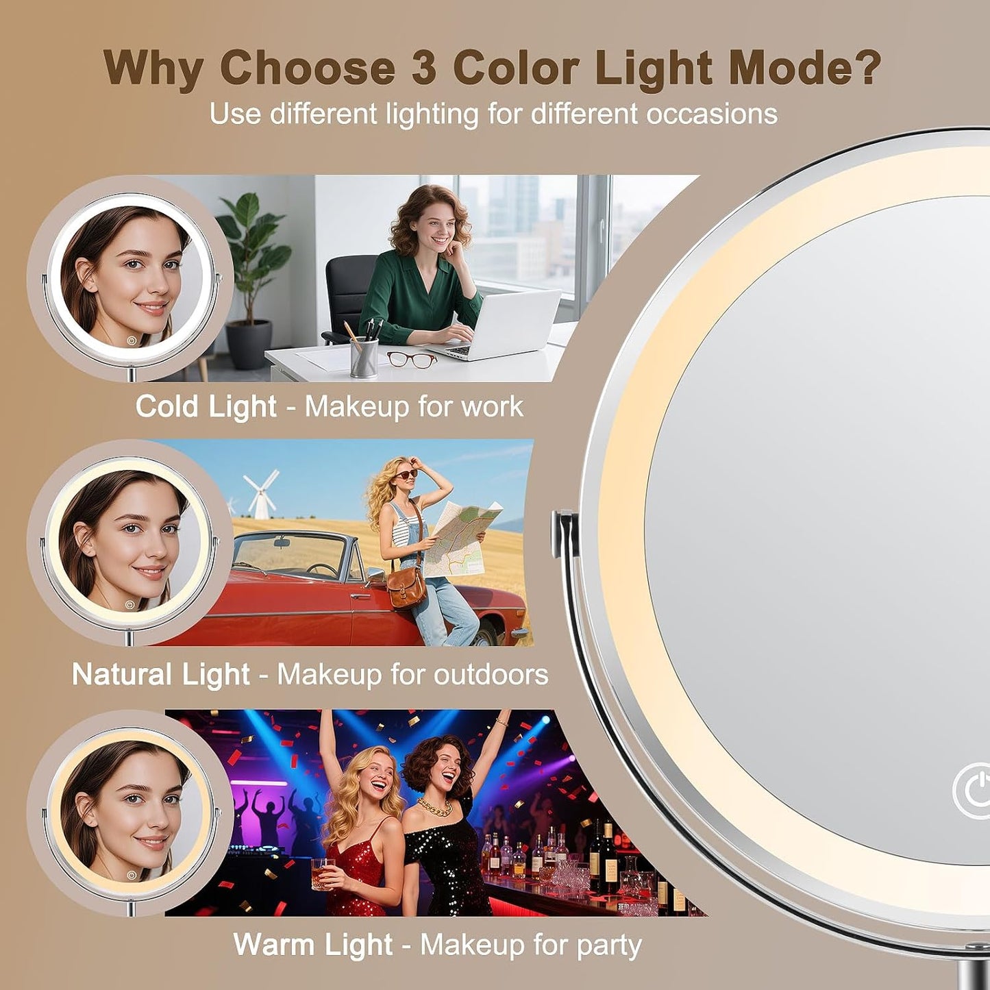Lighted Makeup Mirror - 1x/10x Magnifying Vanity Mirror with Adjustable Brightness | 8" Round, 360° Rotation, Rechargeable
