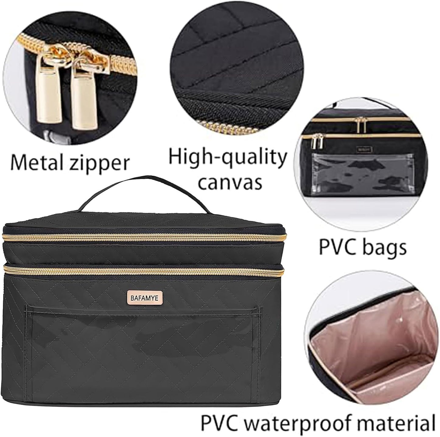 Double Layer Travel Makeup Bag - Large Cosmetic Organizer for Travel Accessories | Black, 8.8L Capacity