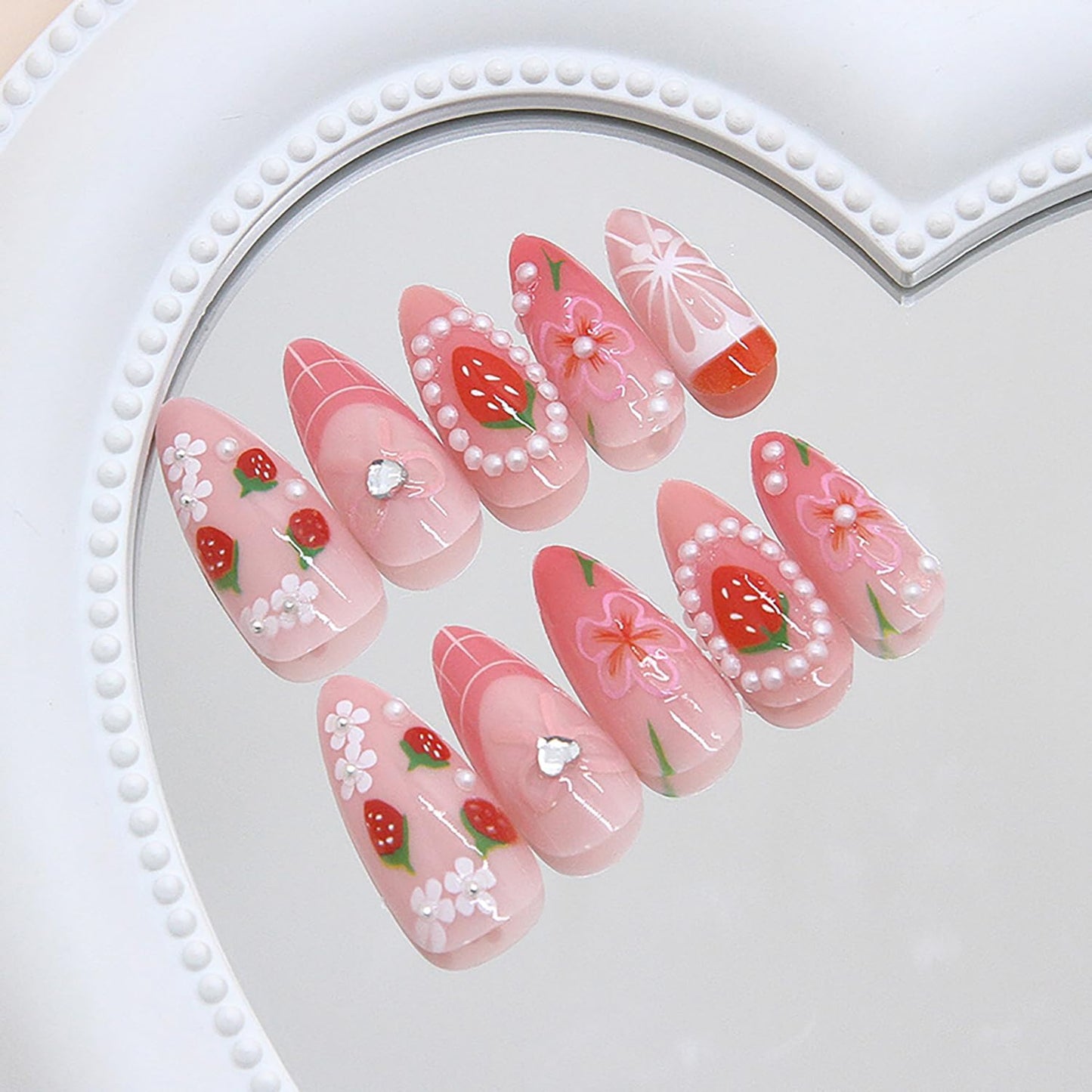 24Pcs Cute Strawberry Press on Nails Medium Almond Fake Nails with Pearl Rhinestone Stick on Nails Full Cover Pink French Tip Acrylic Nails Reusable Fall Flower False Nail Tips for Women Nail Design