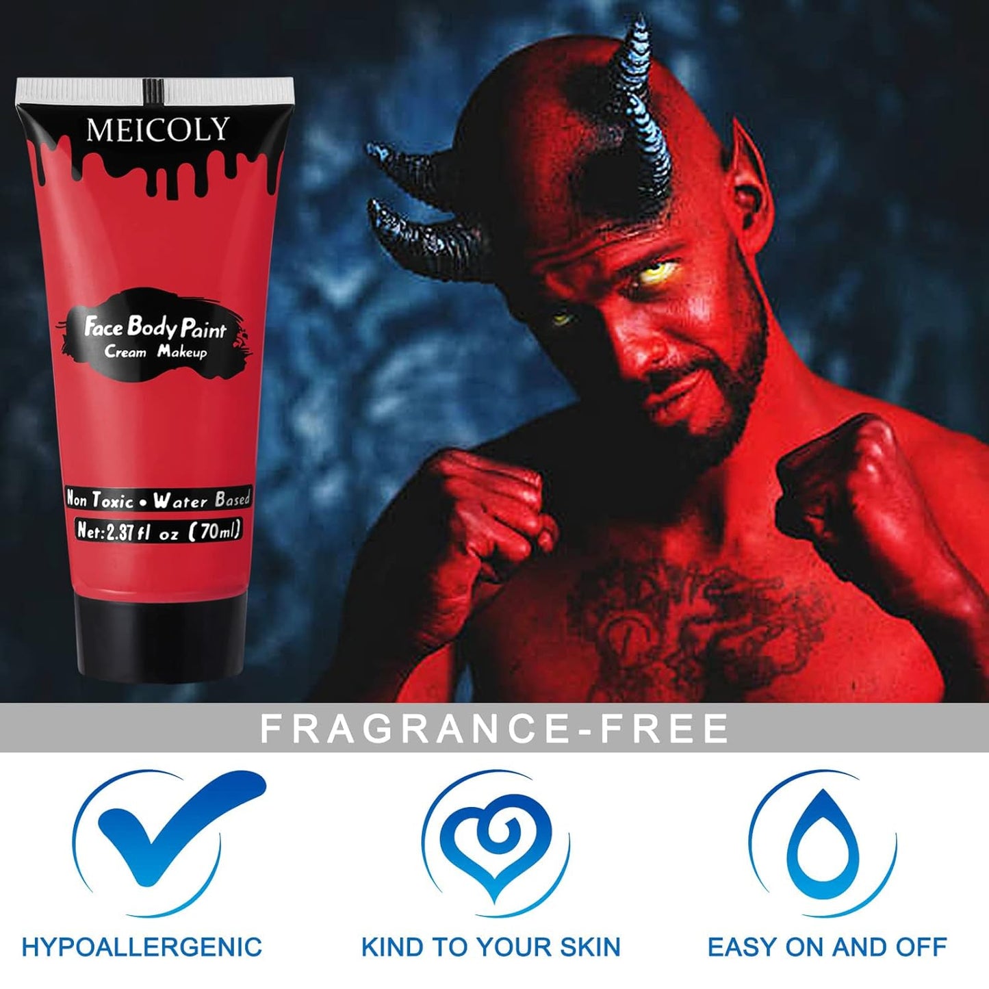 Devil Red Face Body Paint - 2.37 Oz Washable Water-Based Makeup for Halloween | Full Body Paint for Adults & Kids