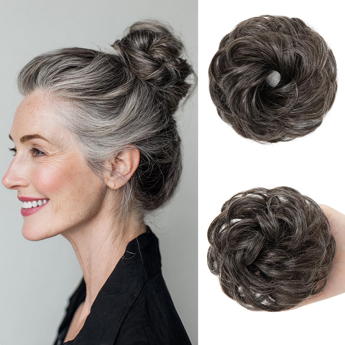 Small Messy Bun Hair Pieces for Women - Synthetic Curly Mini Scrunchies | 2PCs Dark Grey